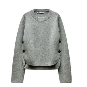 ZARA | Gray Side Button Round Neck Cropped Knit Sweater Size S
